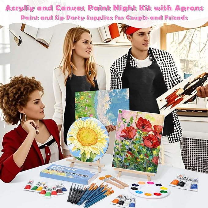 Date Night Painting Kit, 62 Pcs Detail Paint Brushes Canvas Panels with Wood Easel 12 Colors Acrylic Paint, Circular Canvas Art Aprons Sip and Paint Supplies for Adults, Kids, and Beginner-CubbioJoy