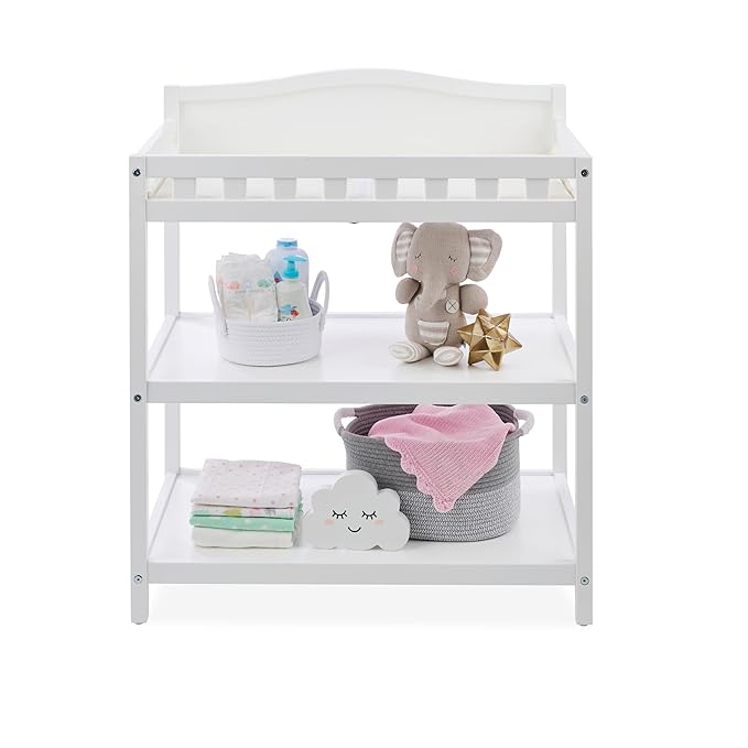 Badger Basket Baby Changing Table with Pad & Shelves - Wooden Changing Table with Storage - Nursery Change Table for Diapers & Baby Essentials, White-CubbioJoy