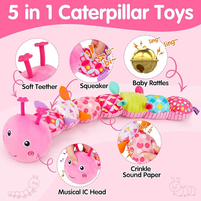 Baby Tummy Time Toy 0-6 Month Musical Stuffed Animal Plush Caterpillar Toy for Infant 6-12 Month Teething Sensory Toy with Crinkle Rattle for Babies 0-3-6 Month Newborn Toys for Boy Girl Birthday 1-CubbioJoy