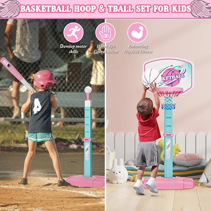 3 in 1 Basketball Hoop and Tee Ball Set for Girls: Baseball Tee with Automatic Pitching Machine Adjustable Height Outdoor and Indoor Sports Toys Christmas Birthday Gift for Kids Age 1-8 Year Old Pink-CubbioJoy