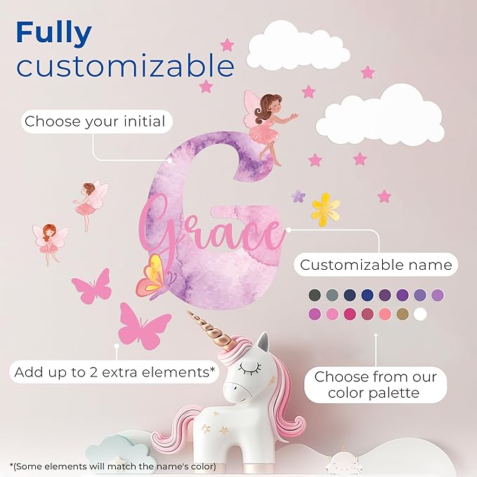 CRYPTONITE Custom Stickers Name & Initial for Fairy Decor I Fairy Pink Room Decor for Girl Bedroom Decor I Personalized Fairy Wall Decals for Little Girl Room Decor I Multiple Size Options (D. Fairy)-CubbioJoy