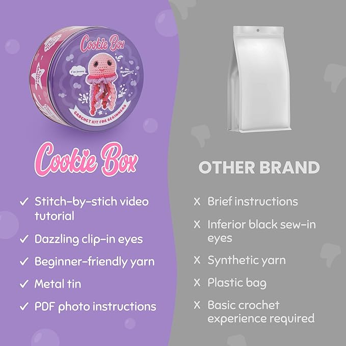 Cookie Box Crochet Kit for Beginners - Learn to Craft Amigurumi Stuffed Animals - Knitting Gift for Kids and Adults - Beginner-Friendly Yarn - Stitch-by-Stitch Video Tutorial - Jellyfish Jenny-CubbioJoy