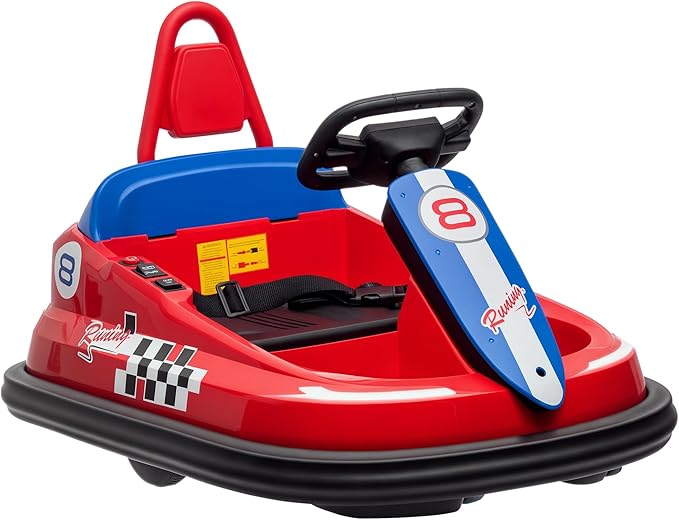 Aosom Toddler Bumper Car, 360° Rotation 6V Kids Electric Ride on Bumper Car with EVA Bumper Edges, Twins Motor, Songs, Horn, LED Lights, Safety Belt for 18-48 Months, Red-CubbioJoy