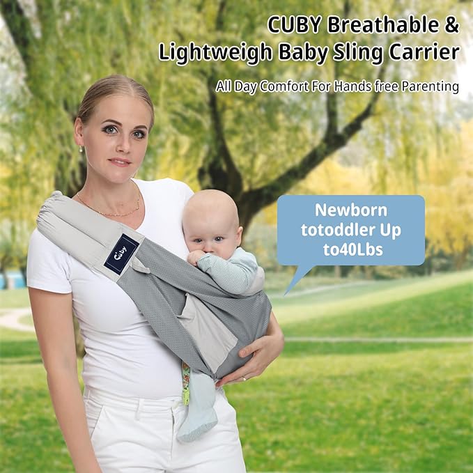 CUBY Mesh Baby Sling Carrier, Breathable Lightweight Baby Wraps Sling with Adjustable Strap- Easy to Wearing Soft Front Facing Baby Slings for Newborn Infant Toddler Carry Up to 40lbs(Gray Mesh)-CubbioJoy