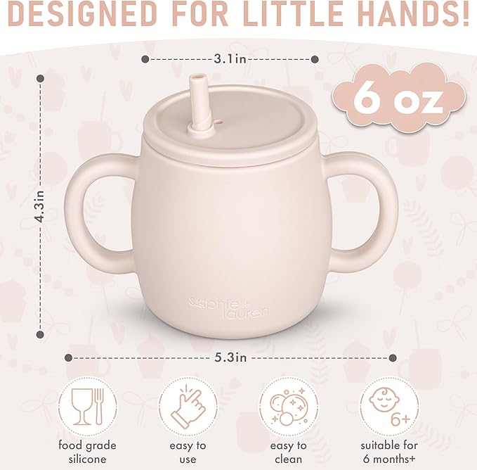 4-in-1 Silicone Sippy Cup with Snack and Straw Lid 6oz | Transition Training Cup for 6+ months to Toddler (Beige)-CubbioJoy