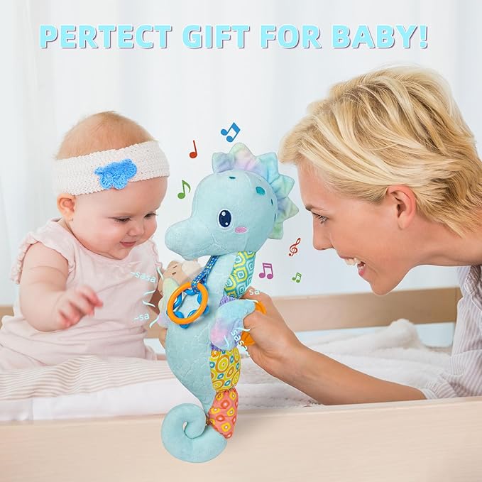 Baby Toys 0-6 Months,Infant Musical Seahorse Stuffed Animals Sensory Toys with Bright Colors,Multiple Textures,Rattles & Crinkle Sound Paper,Soft Tummy Time Toy for Newborn Boys Girls 0-12 Months-Blue-CubbioJoy