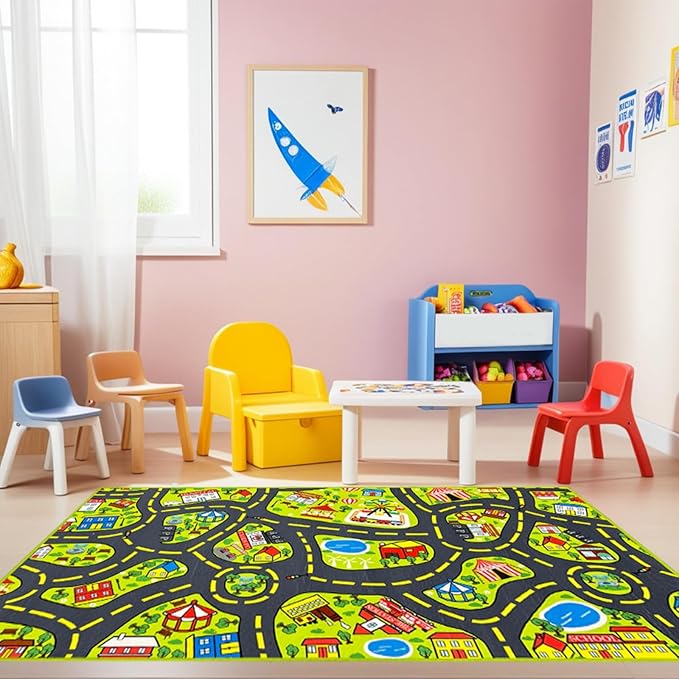 Car Rug 2.6x5 Feet, Car Mat for Kids Race Track Rug Road Play Mat with Roads City Map Design-CubbioJoy