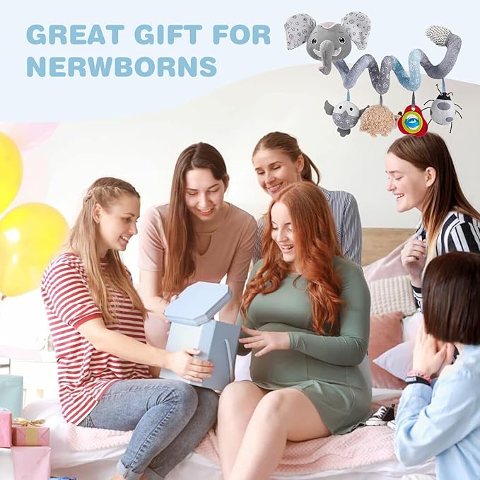 Jollybaby Baby Car Seat Stroller Toys, Plush Activity Hanging Spiral Activity Pram Crib with Music Box, Rattles, Squeaker for Babies Infant Boys Girls (SZ Gray Elephant)-CubbioJoy