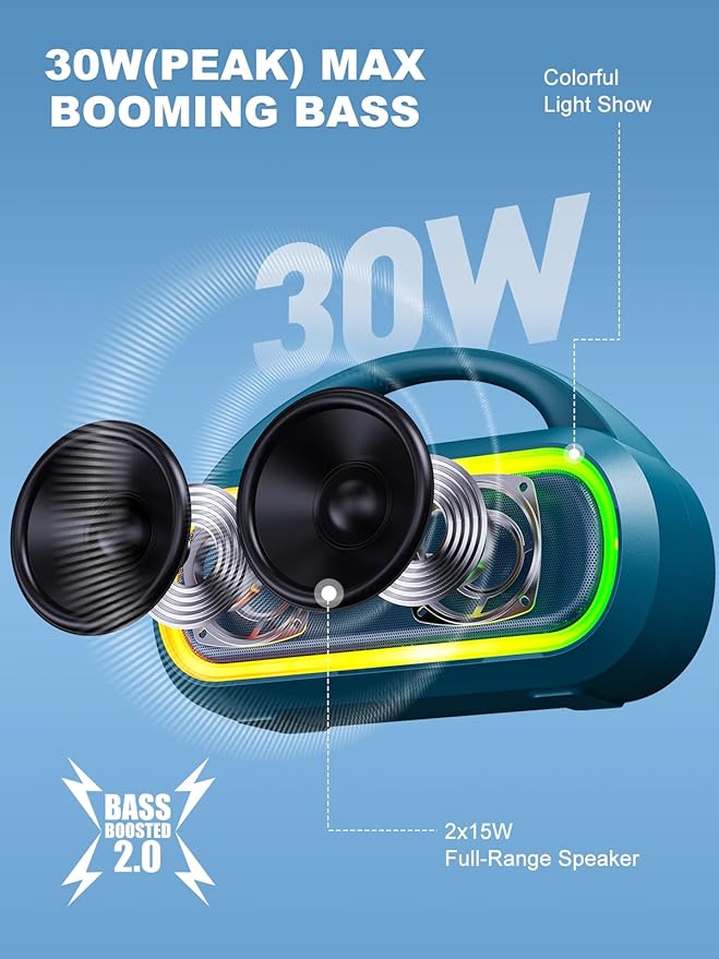 Bluetooth Speaker, IPX7 Waterproof Portable Wireless Speaker with 30W (Peak) Loud Stereo Sound, 100ft Range, Multi-Colors Rhythm Lights, TWS Pairing, BT5.3, for Home/Party/Outdoor/Beach (Indigo Blue)-CubbioJoy