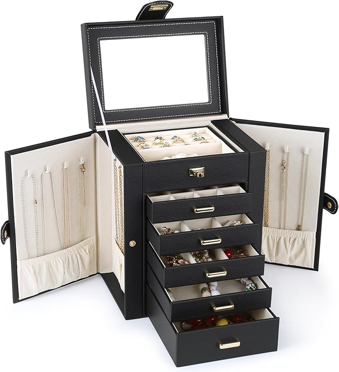 Kendal Jewelry Box, 6-Layer Jewelry Storage Organizer for Necklace Bracelet Rings Watch, 10.2"x8.2"x6" Classic Black PU Leather 5 Drawers Large Storage Capacity with Mirror-CubbioJoy