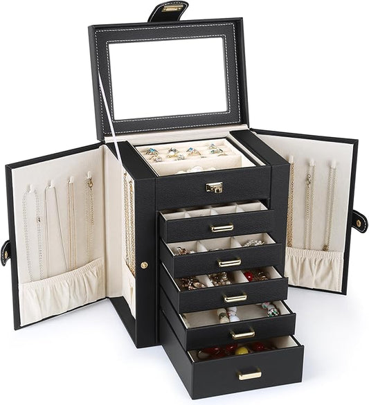 Kendal Jewelry Box, 6-Layer Jewelry Storage Organizer for Necklace Bracelet Rings Watch, 10.2"x8.2"x6" Classic Black PU Leather 5 Drawers Large Storage Capacity with Mirror-CubbioJoy