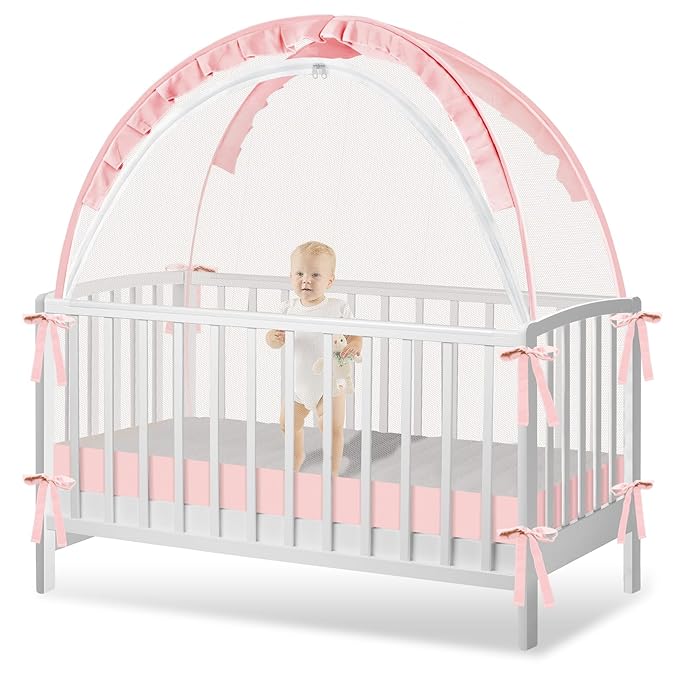 Crib Tent to Keep Baby from Climbing Out - Crib Net to Keep Baby in - Pop Up Breathable Cribs Cover - Canopy with Upgrade Strong Mesh and Durable Zipper (Pink, Lager)-CubbioJoy