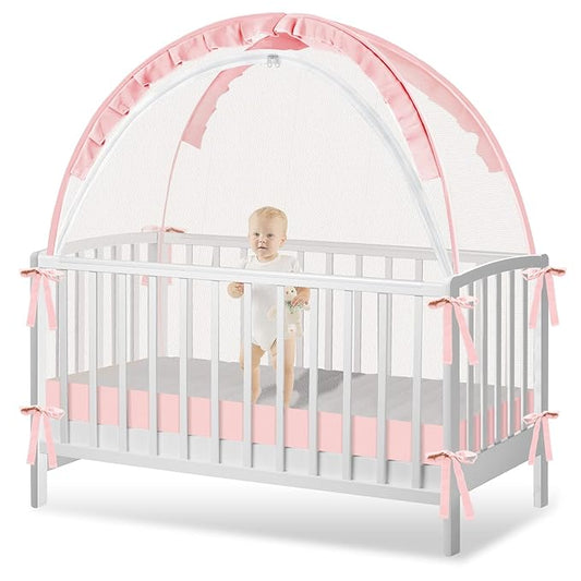Crib Tent to Keep Baby from Climbing Out - Crib Net to Keep Baby in - Pop Up Breathable Cribs Cover - Canopy with Upgrade Strong Mesh and Durable Zipper (Pink, Lager)-CubbioJoy