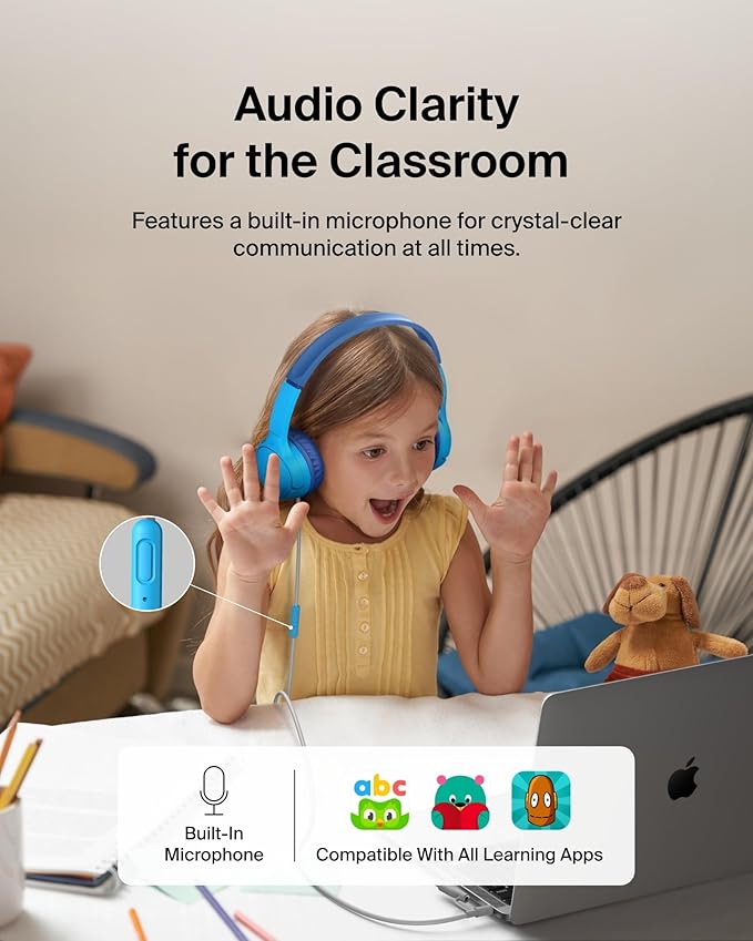 Belkin SoundForm Mini Kids Wired Headphones w/USB C to 3.5mm Dongle, Built-in Mic & Fun Stickers, 85dB Max Volume – for Online Learning, Travel, Compatible w/iPhone 16, iPad, Galaxy S25, etc - Blue-CubbioJoy
