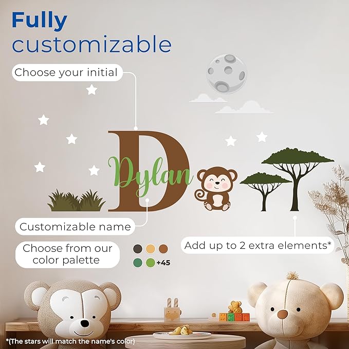 CRYPTONITE Personalized Name Jungle Animals Vinyl Wall Decor I Nursery Wall Decal for Baby Boy & Girl Decoration I Stickers for Kids I Multiple Options for Customization (D. Monkey)-CubbioJoy