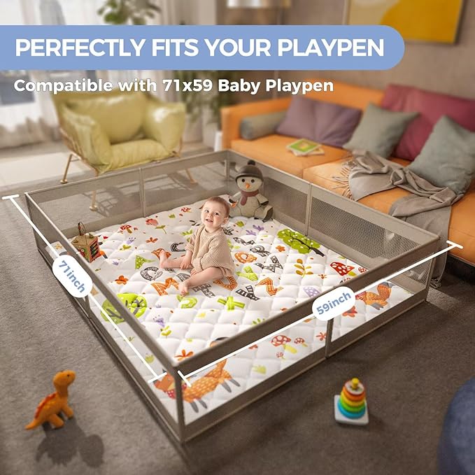 Baby Play Mat 71" X 59" Playpen Mat Upgraded Thicken Baby Floor Play Mat Non-Slip Cushioned Crawling Mat Waterproof Activity Playmats for Babies Toddlers Infants (71X59, Letter Fox)-CubbioJoy