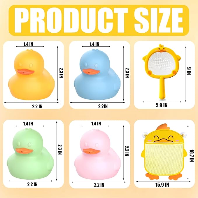 6Pcs Mold-Free Bath Toy Silicone Duck Set for Toddlers 1-3 Years and Babies 6-12 Months, Dishwasher Safe, with Duck Fishing Net and Storage Bag-CubbioJoy