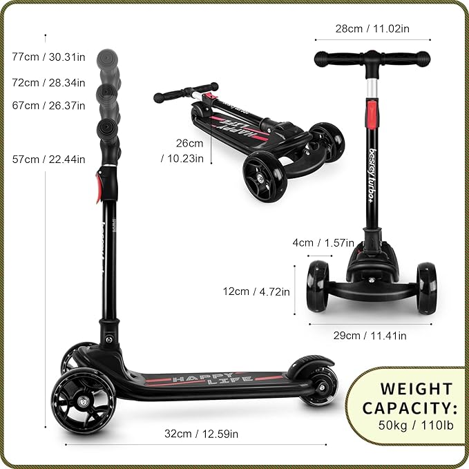 Besrey Kick Scooter for Kids Ages 3-10, 3-Wheel Folding Scooter with Adjustable Height, LED Light Wheels, Extra Wide Deck for Outdoor Activities-CubbioJoy