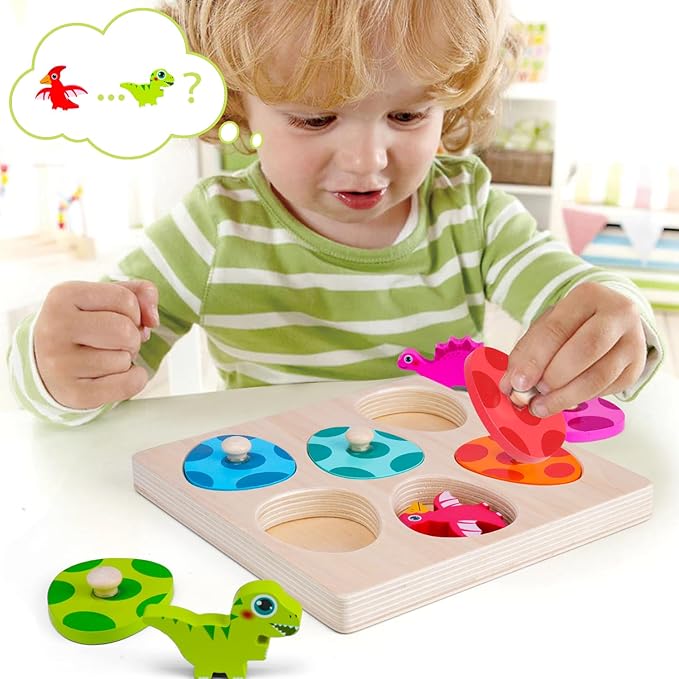 Dinosaur Wooden Toddler Puzzle 1-3, Montessori Toys for 1 2 3 Year Old, Dinosaur Eggs Peg Puzzles, Kid Wooden Puzzles Ages 2-4, Dinosaur Toy for Toddler Kid, Preschool Education Learning Toys-CubbioJoy