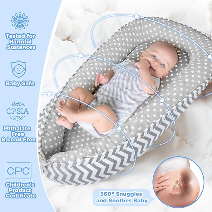 Baby Lounger - Baby Lounger for Newborn 0-24 Months, Breathable and Soft Cotton Cover Baby Nest, Portable Cozy Tummy Time Lounger for Home and Travel, Ideal Baby Essentials & Shower Gifts-CubbioJoy