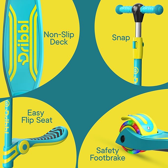 Aqua & Yellow 3 Wheel Scooter with Seat for Kids – Light-Up LED Wheels, Adjustable Handlebar and Seat, Smooth PU Wheels, Wide Anti-Slip Deck, Rear Foot Brake – Toddler Outdoor Toys for Ages 2+-CubbioJoy