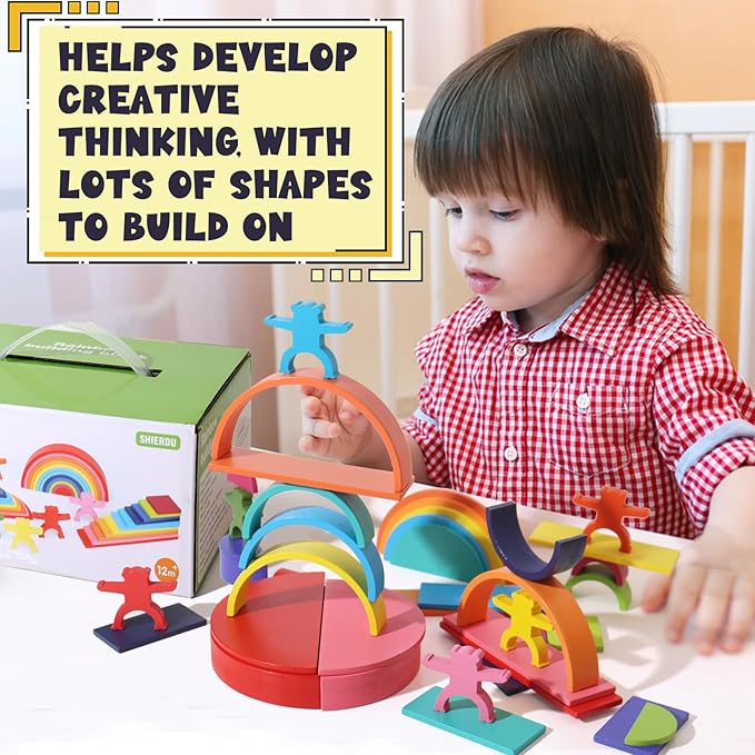 40-Piece Wooden Rainbow Stack Set, 4-in-1 Building Blocks preschoolers Early Development & Activity Toys Montessori Toys for Kids 3, 4, 5, 6 Years and Older Gifts for Boys and Girls-CubbioJoy