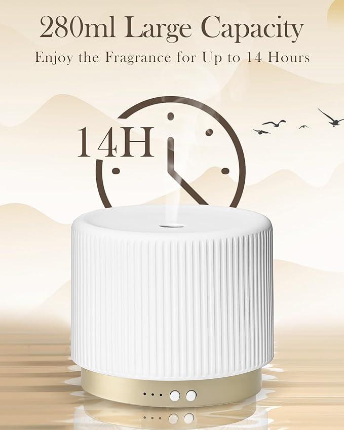 280ml Ceramic Essential Oil Diffuser,Ultrasonic Cool Mist Decorative Aromatherapy Diffuser with Auto Shut-Off,Quiet Operation,3 Timer Settings for Large Rooms,Home,Office,SPA,Yoga & Bedroom-CubbioJoy