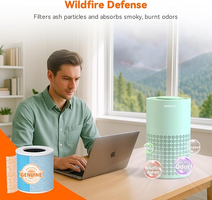 AIRROMI Air Purifier for Bedroom with HEPA 3-in-1 Filter, Pet Air Purifier for Home Cat Pee Smell, Covers Upto 990 Ft², Quiet 360°intake Air Cleaner for pet hair,allergies,Dust,Smoke A2001 Green-CubbioJoy