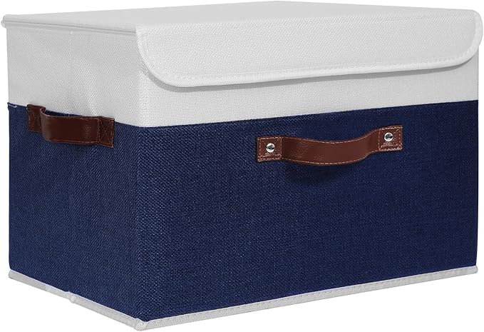 ANMINY Storage Boxes with Lids Washable Decorative Storage Bins Basket with PU Leather Handle Foldable Linen Fabric Storage Cubes Containers for Home Closet Organizer - Deep Blue White, Large Size-CubbioJoy