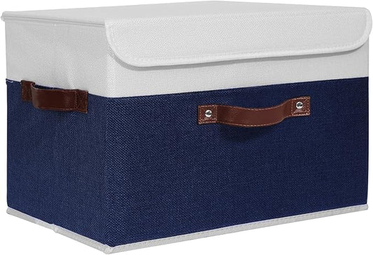 ANMINY Storage Boxes with Lids Washable Decorative Storage Bins Basket with PU Leather Handle Foldable Linen Fabric Storage Cubes Containers for Home Closet Organizer - Deep Blue White, Large Size-CubbioJoy