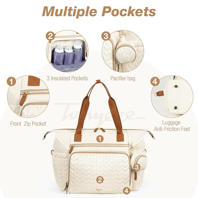 Diaper Bag Tote, Large Baby Diaper Bags Waterproof, Hospital Bag for Labor Delivery with Pacifier Case, Changing Pad, Shoulder Strap, Beige-CubbioJoy
