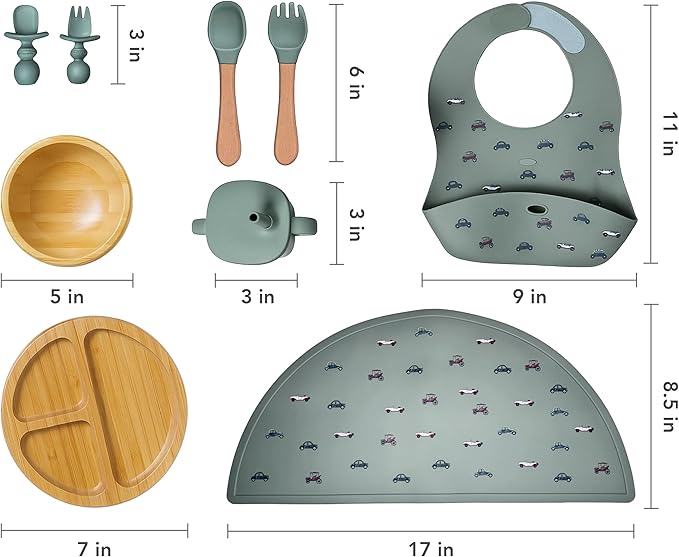 Bamboo Baby Feeding Set for Infants & Toddlers - Baby Essentials, Non-Toxic, Sustainable, Bamboo Suction Plate & Bowl, Bib, Sippy Cup w/Lid & Straw, Perfect Baby Shower Gifts (Pine Gray)-CubbioJoy