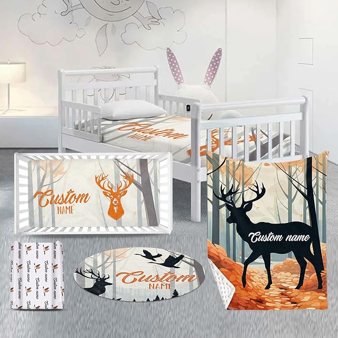 Custom Nursery Crib Bedding Set: Personalized Name 4 Piece Orange Sika Deer Design Baby Crib Sets for Baby Girls - Toddler Double Layer Blanket Set, Comfortable Crib Bed Sheets for Baby Toddlers-CubbioJoy