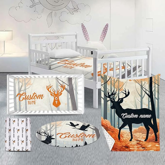 Custom Nursery Crib Bedding Set: Personalized Name 4 Piece Orange Sika Deer Design Baby Crib Sets for Baby Girls - Toddler Double Layer Blanket Set, Comfortable Crib Bed Sheets for Baby Toddlers-CubbioJoy
