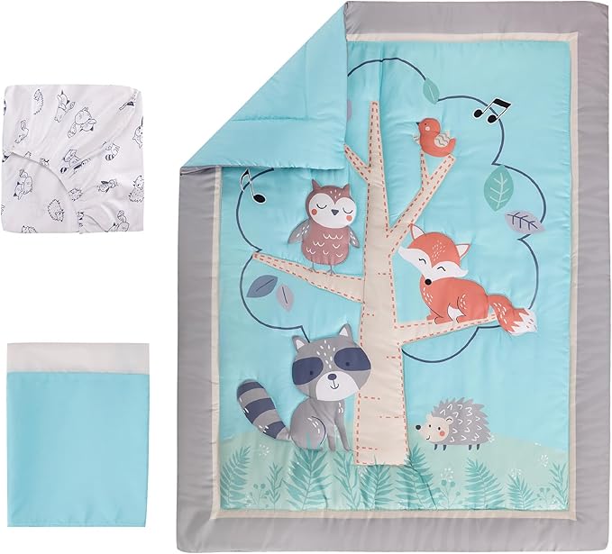 Blue Woodland Nursery Crib Bedding Set for Boys 3 Pieces Fox Owl Raccoon Baby Boy Cot Bedding Set-CubbioJoy