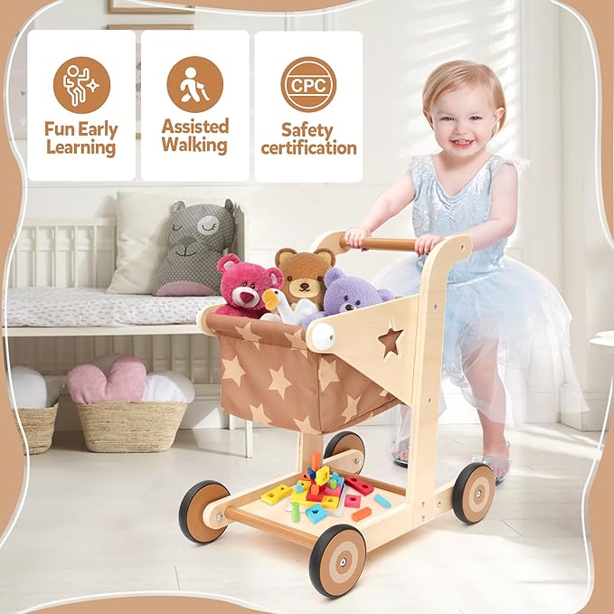 Asweets 2 in 1 Wooden Baby Walker Push and Pull Doll Stroller, Shopping Cart Learning Walker for Boys and Girls, Sit Stand Learning Toddler Toy (Brown)-CubbioJoy