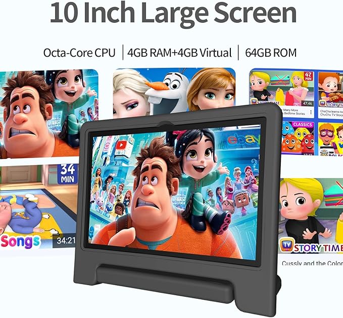 JREN Tablet for Kids｜10 Inch Kids Tablet Android 14｜Octa-core｜64GB｜WiFi ｜Bluetooth｜Parental Control｜Children Content｜Children Toddler Black-CubbioJoy