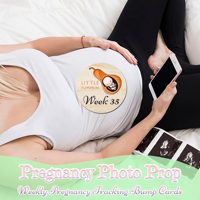 42 Designs Pregnancy Weekly Milestone Signs - Wooden Weekly Baby Bump Tracker Milestone Discs - Trimester Pregnancy Must Haves - Essential Gifts for Mommy to Be (Pregnancy Milestones Cards)-CubbioJoy