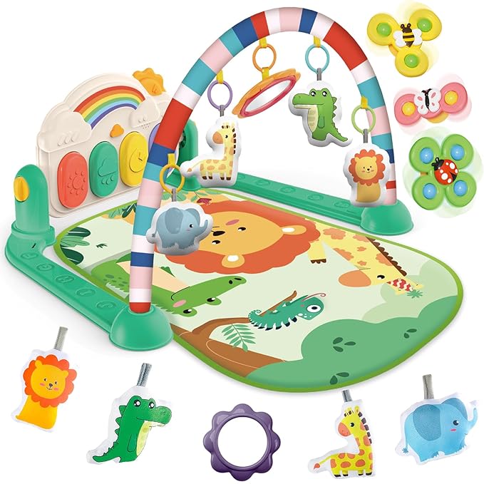 Baby Gyms Play Mats, Tummy Time Mat Toys, Infant Play Mat and Activity Gym, Baby Play Piano Gym Mat, Play Mats for Babies Newborns and Toddlers, Baby Activity Mat Toys 0-3-6-12 Months (Green)-CubbioJoy