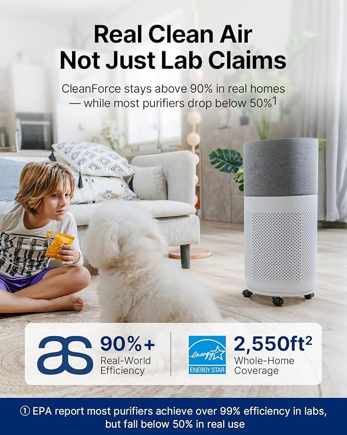 CleanForce Air Purifier for Home Large Room up to 2550 ft², Swiss Sanitized HEPA & Carbon Filter, asthma & allergy friendly Certified for Dust/Pollen/Pet Dander, Alexa/App Control, Ozone-Free, Rainbow-CubbioJoy
