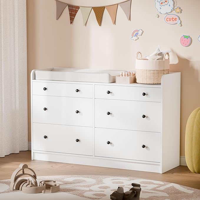Cozy Castle Baby Dresser with 6 Drawers and Large Table Top, Multi-Functional Chest of Drawer, Drawer Dresser with Three-Sided High Rails for Nursery, Children's Room, Bedroom, White-CubbioJoy