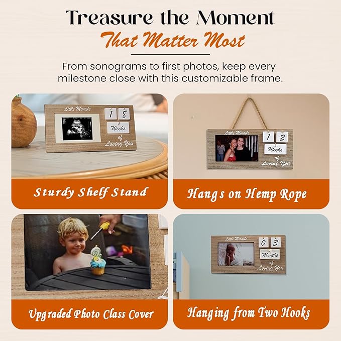 Brown Ultrasound Sonogram Picture Frame with Milestone Tracker – Elegant Wooden Keepsake for Expecting Parents – Nursery Décor Gift for New Moms – Countdown Tiles Included – 12" x 6" Design-CubbioJoy