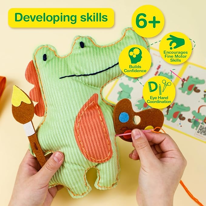 Avenir Sewing Kit for Kids Birthday Gifts for Kids Aged 6 Corduroy Fabric With Shoulder Strap Safe Needles Pre-cut Felt Easy DIY Arts and Crafts for Boys and Girls Stuff No Mess with Full Instructions-CubbioJoy