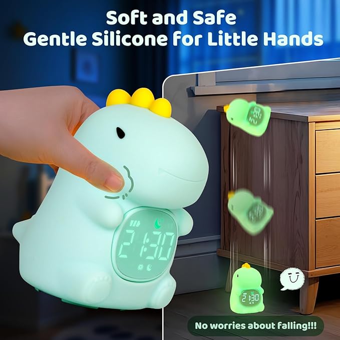 Dinosaurs Alarm Clock with Night Light for Kids with Sleep Training and Sound Machine, Rechargeable Silicone Lamp OK to Wake Clock，Cute Animal Tabletop Lamp, Perfect Sleep Companion for Boys Girls-CubbioJoy