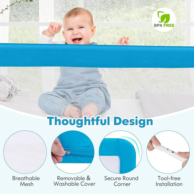 BABY JOY Bed Rails for Toddlers, 59'' Extra Long, Swing Down Bed Guard w/Safety Straps, Folding Baby Bedrail for Kids Twin, Double, Full Size Queen & King Mattress (Blue, 59-Inch)-CubbioJoy