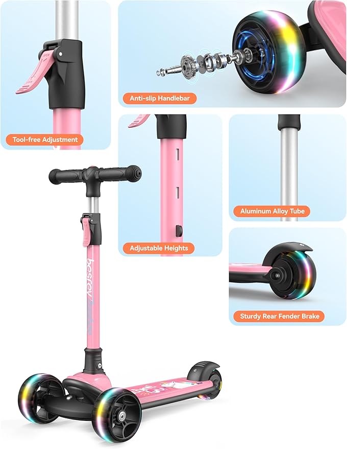 Besrey Kick Scooter for Kids Ages 3-10, 3-Wheel Folding Scooter with Adjustable Height, LED Light Wheels, Extra Wide Deck for Outdoor Activities-CubbioJoy