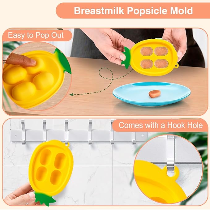 Baby Fruit Food Feeder - Silicone Nibble Tray Combo - Breastmilk Popsicle Mold for Cooling Relief, BPA Free Mesh Feeder for Infant Self Feeding (Monkey Orange + Pineapple)-CubbioJoy