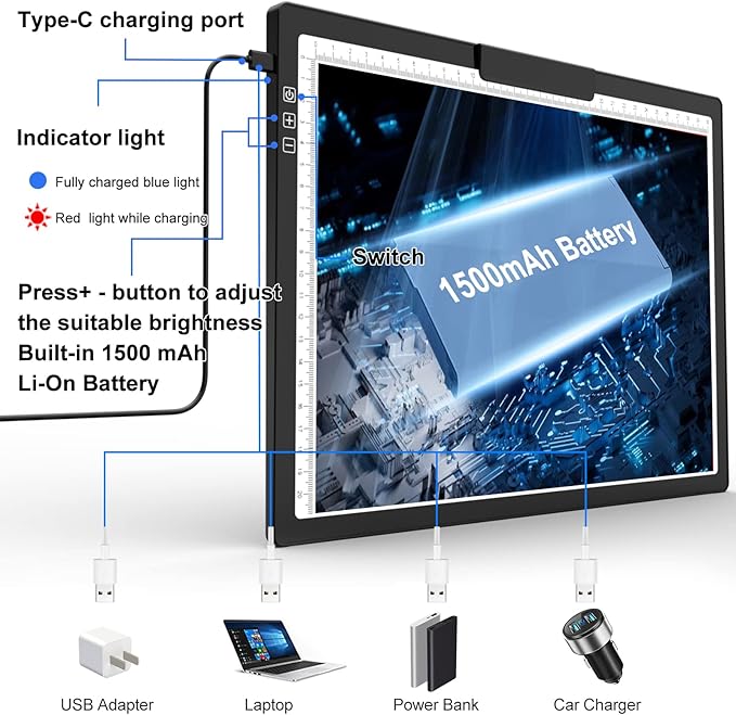 A4 Led Tracing Light Box with Carry Bag Built-in Stand,Ultra-Thin Light Pad Powered by 1500mAh Lithium Battery for Cricut Vinyl, Weeding Tool, Drawing Crafting Box/Board for Tracing, Sketching & HTV-CubbioJoy
