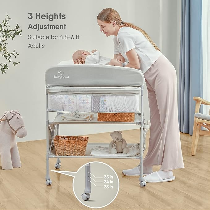 BabyBond Portable Baby Changing Table, Foldable Diaper Changing Table Dresser Waterproof Height Adjustable Changing Station for Infant and Newborn(Beige)-CubbioJoy