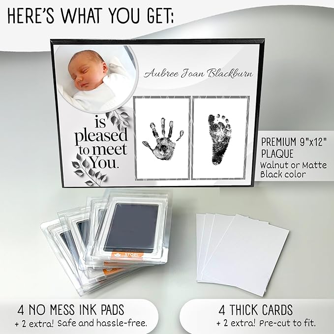 Baby Hand and Footprint Kit with Photo & Birth Details, Inkless Hand and Footprint Kit, Newborn Keepsake Plaque, Baby Shower Gifts (STYLE 1 (Fully Personalized) (Is Pleased To Meet You))-CubbioJoy